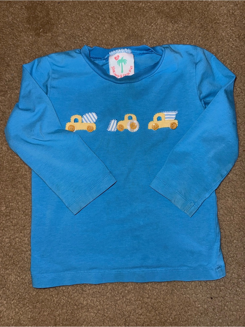 EUC Shrimp & Grits Kids Blue Long Sleeve Kids Tee with Yellow Truck Appliqués
